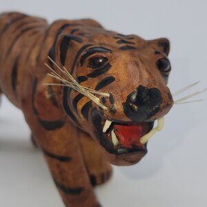 Bengal Tiger Leather India Wrapped Hand Painted 7" Glass eyes Collectible VTG